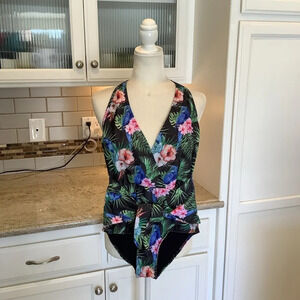 High Dive by ModCloth Black Floral One Piece Swimsuit Size Small NWOT
